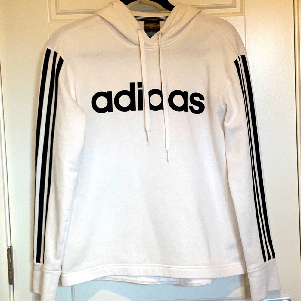 White + Black Striped Adidas Logo Hoodie — (! Used !)